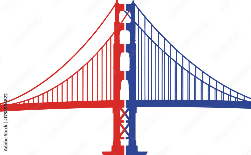 Fototapeta premium Red Blue Divided Golden Gate Bridge Vector Silhouette Political Concept