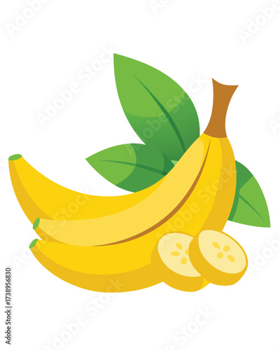 Vector art of a bunch of ripe yellow bananas with green leaves and sliced pieces