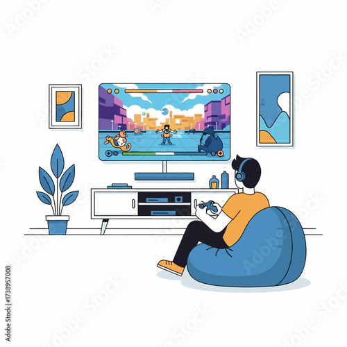 An illustration of a young person playing a video game on a large television with headphones, relaxing on a bean bag chair