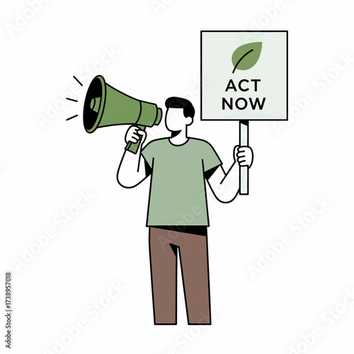 Illustration of an activist with a megaphone and an "ACT NOW" sign featuring a leaf symbol. Conveys urgent environmental advocacy and a powerful call to action for sustainability.