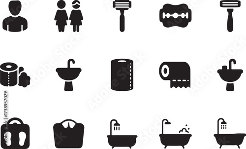 Vector icon set of black food and kitchen cooking tools symbols illustration