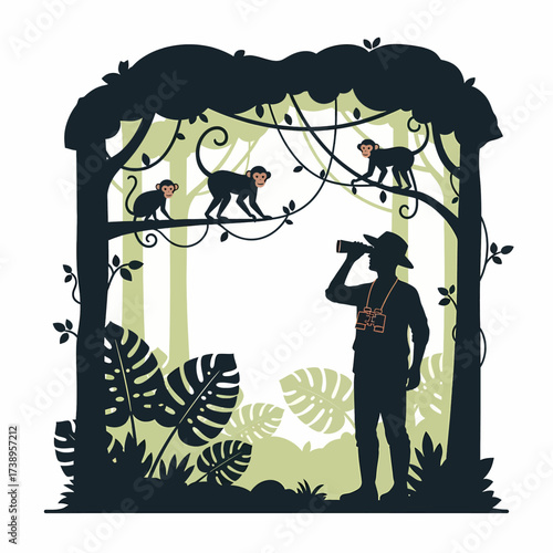 A stylized illustration of an adventurer with binoculars watching monkeys in a lush tropical jungle, perfect for nature and travel themes