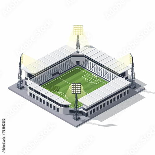 Detailed isometric vector illustration of a modern football stadium with bright floodlights