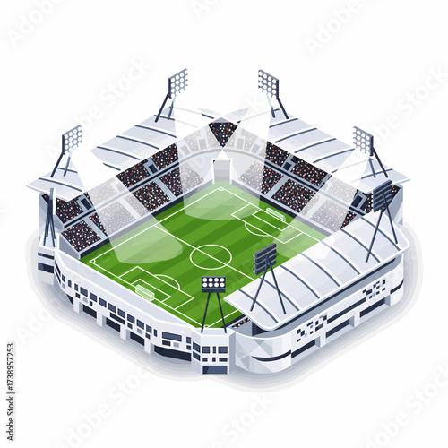 Vibrant isometric illustration of a modern football stadium, showcasing a green pitch, enthusiastic crowd, and bright floodlights under an open roof