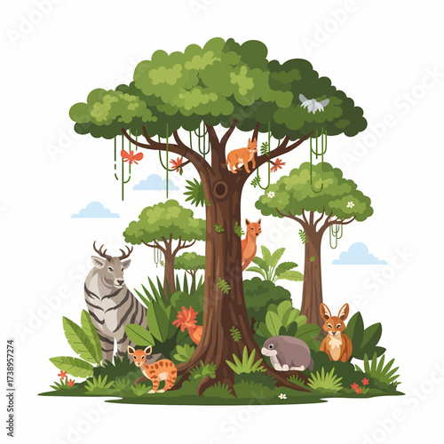 A charming cartoon illustration showcasing diverse wild animals living together harmoniously in a vibrant, lush green forest ecosystem