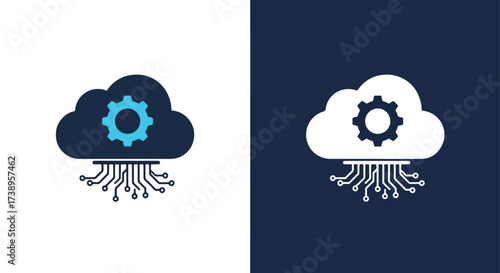 Cloud computing technology gear icon for digital services and data solutions - Line and glyph solid icon and logo templete