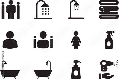Stock photos websites often feature vector set illustrations like bathroom icons and toilet sign silhouettes depicting stick figure person pictograms for business design management