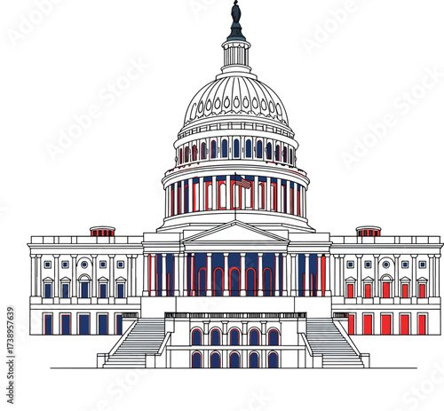 Capitol Building Outline with Red Blue Color Accents Vector Illustration