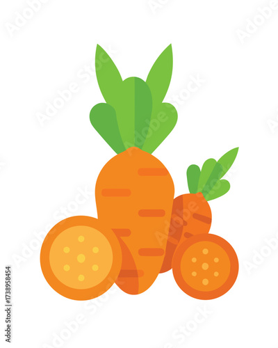 Vector art of a bunch of fresh carrots, whole and sliced