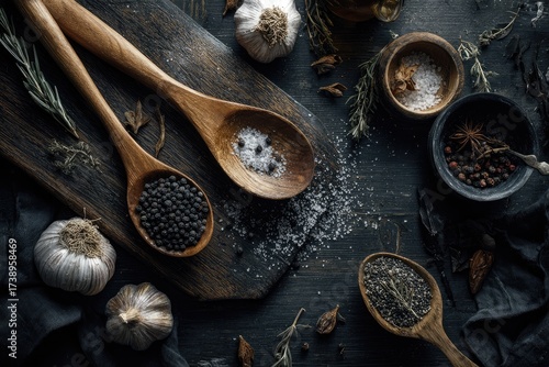 Dark, moody food still life with wooden spoons and spices