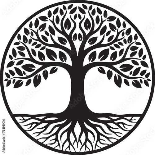 Intricate black silhouette of a life tree with detailed branches and roots within a circular frame isolated on white background