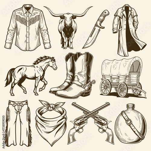 Cowboy and Wild West Elements Vector Set, Vintage Western Illustration
