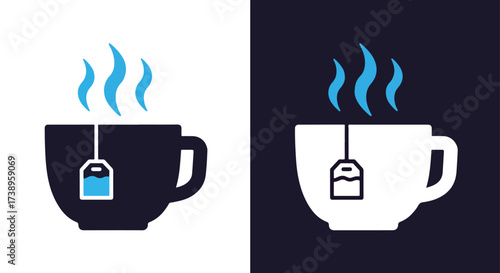 Hot tea cup icon with steam and tea bag simple glyph design - Line and glyph solid icon and logo templete