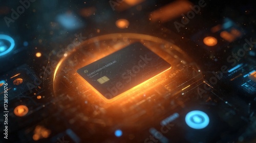 ultra-realistic CGI concept: floating digital wallet surrounded by animated data streams and glowing icons (money, security, analytics), dark-to-light gradient