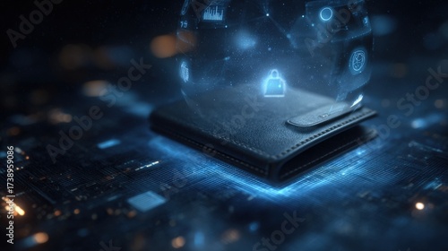 ultra-realistic CGI concept: floating digital wallet surrounded by animated data streams and glowing icons (money, security, analytics), dark-to-light gradient