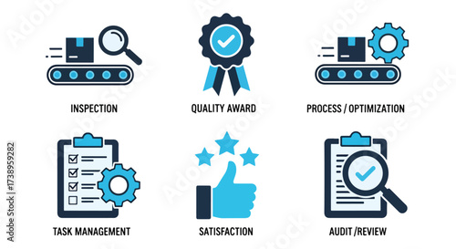 Business quality assurance icons set inspection process management customer satisfaction and award - Line and glyph solid icon and logo templete