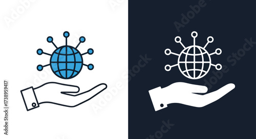 Global network hand icon digital technology connection concept service - Line and glyph solid icon and logo templete