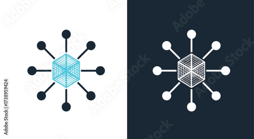 Abstract geometric network hub connection data flow icon symbol art - Line and glyph solid icon and logo templete