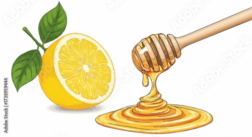 Fresh lemon half with leaves alongside golden honey dripping from a dipper stick