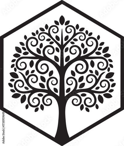 Intricate decorative tree silhouette inside a hexagon frame isolated on white background