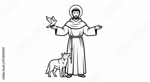 Saint Francis of Assisi with dove and wolf, bringing peace in a simple line drawing