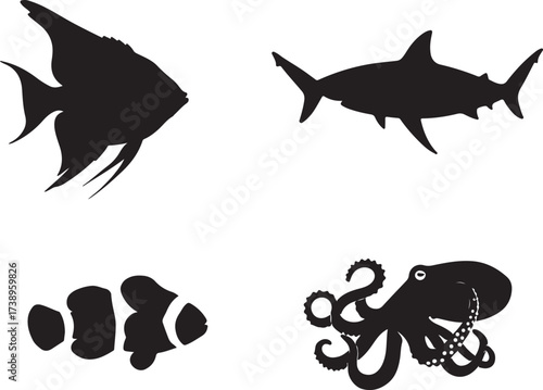 set of fish and shark silhouettes in vector illustration