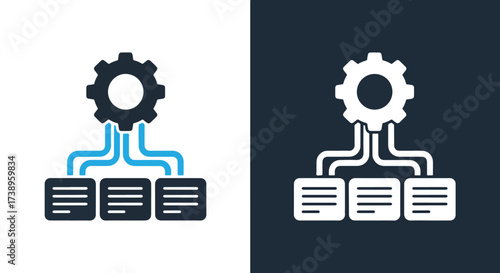 Modern icon gear connecting systems data blocks for business process automation - Line and glyph solid icon and logo templete