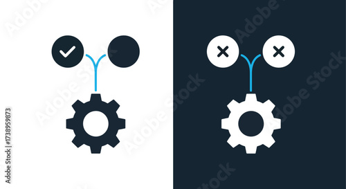Cogwheel gears icon with check and cross symbols workflow logic diagram - Line and glyph solid icon and logo templete