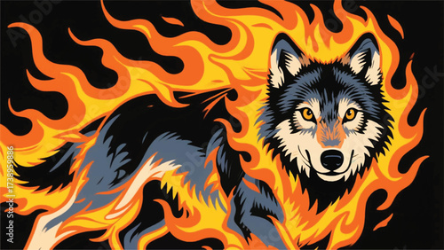 Fiery Wolf Illustrator Artwork Banner Background Design Template 