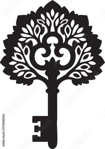 Ornate decorative vintage key silhouette with tree branch design isolated on transparent background