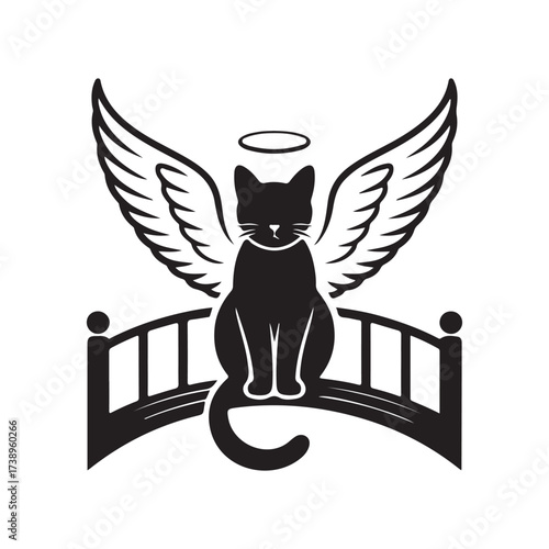 Angel Cat with Wings Sitting on Rainbow Bridge Vector
