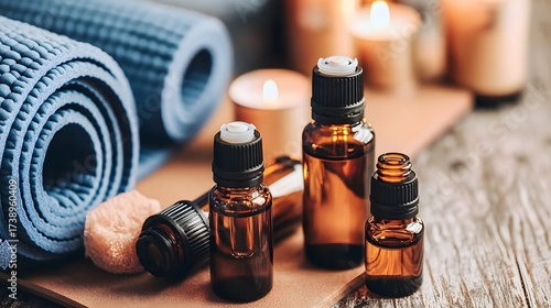 Aromatic oil bottles and yoga mat in tranquil spa setting for wellness