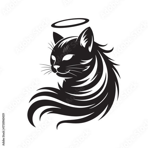 Elegant Cat Angel Silhouette with Halo Vector