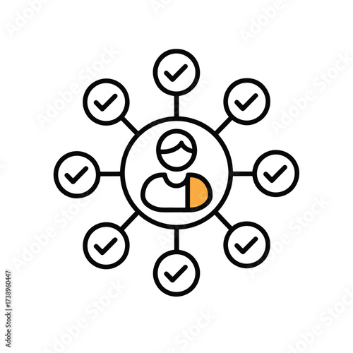 Person icon connected to multiple verified tasks or achievements for team success - Line and glyph solid icon and logo templete