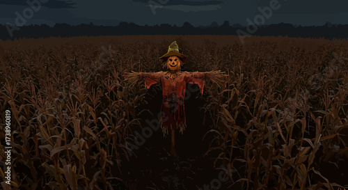 Spooky Scarecrow with Pumpkin Head in Cornfield at Night.