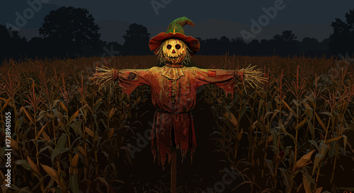 Spooky Scarecrow in Cornfield at Night Halloween Theme.