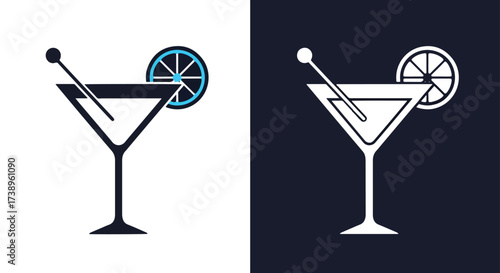 Elegant martini glass with lime slice and olive icon for bar and beverage services - Line and glyph solid icon and logo templete