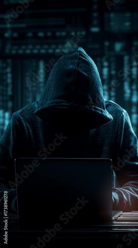 Mysterious hacker in hoodie using laptop for cybercrime in dark environment