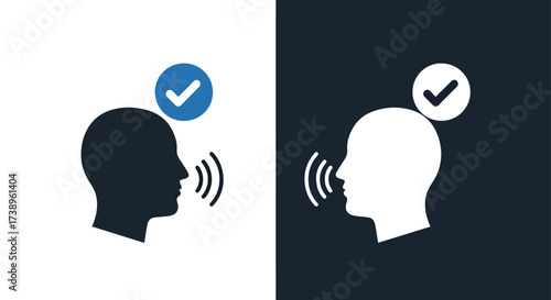 Human head profile with sound waves and checkmark icon solid glyph - Line and glyph solid icon and logo templete