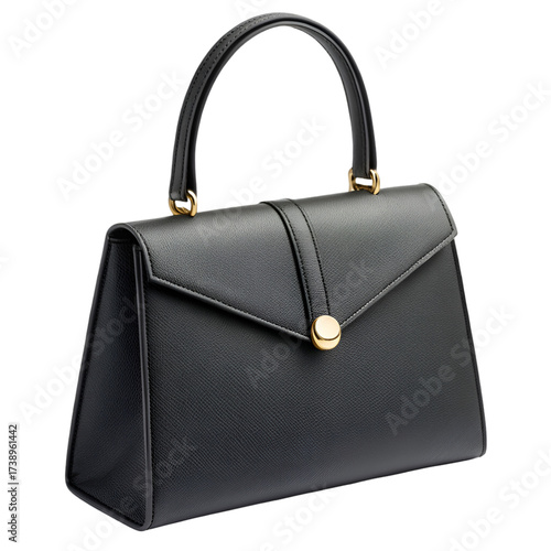 Black Leather Top Handle Handbag with Gold Button Closure on Black Background purse