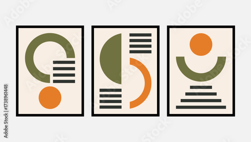 mid century with semicircles, stripes and circular accents minimalist abstract aesthetic geometric illustration for wall art. geometric posters with half circles and linear. vector illustration