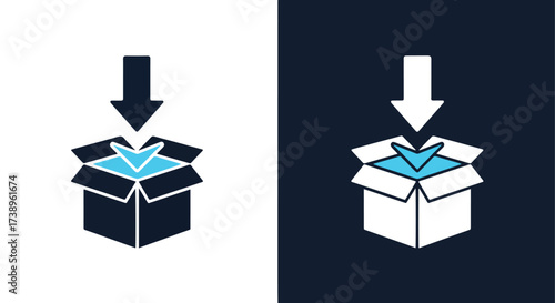 Arrow pointing down into open cardboard box icon set - Line and glyph solid icon and logo templete
