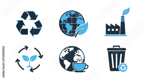 Eco icons for sustainability planet recycling factory coffee cup and trash bin - Line and glyph solid icon and logo templete