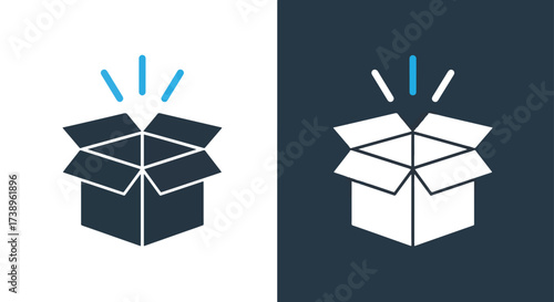Open box icon with radiant lines signaling a surprise or new product unboxing - Line and glyph solid icon and logo templete