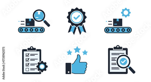 Quality control icons for production assurance and compliance standards - Line and glyph solid icon and logo templete