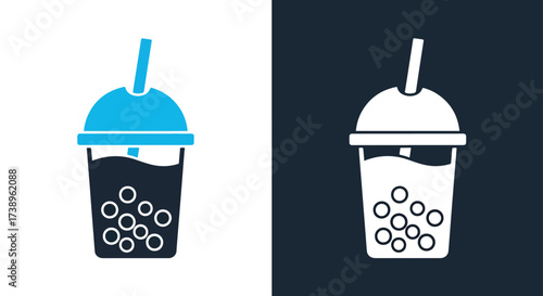 Two bubble tea icons one blue one white for modern beverage design - Line and glyph solid icon and logo templete