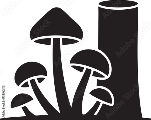 Stylized black silhouette of a cluster of mushrooms next to a tall cylindrical object isolated on transparent background