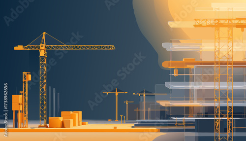 Futuristic Construction Site with Yellow Cranes