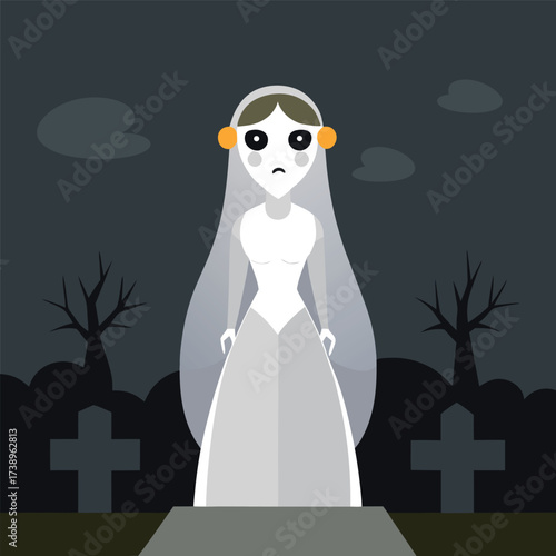 La Llorona Ghostly Bride with Sad Expression in Graveyard Night Scene Vector