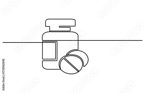 Continuous one line drawing of Pills Bottle Falling. Single line drawing illustration of Pills Falling out of bottle. Medical Capsules Container concept vector art. Doodle line illustration.